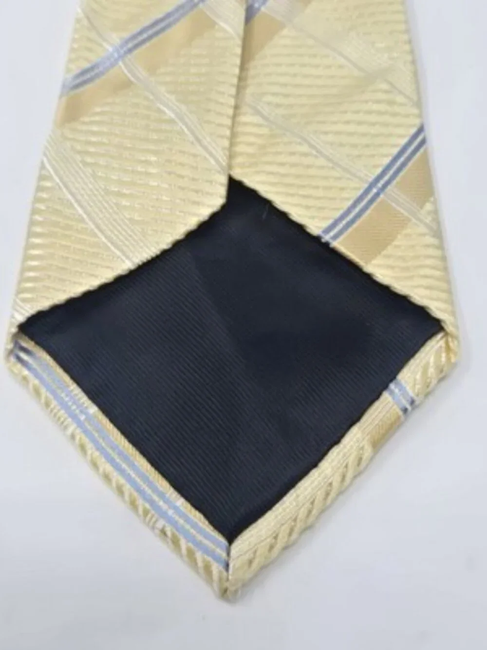 Jones New York 100% Silk Yellow Gold Blue Plaid Stripe Geometric Pattern Tie